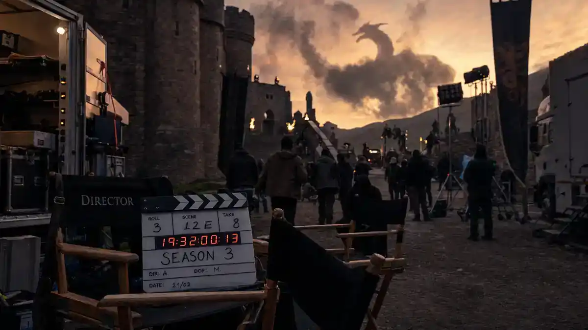 House of the Dragon season 3 cast guide — medieval fantasy castle film set at dusk with production trucks, clapperboard, and director chairs, editorial HBO drama reference