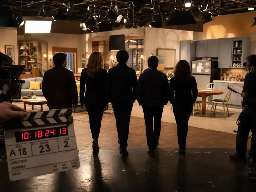 How I Met Your Mother cast net worth 2026 ranked ensemble — five TV sitcom actor silhouettes from behind walking onto soundstage set with clapperboard and warm lighting