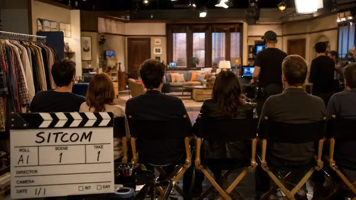 How I Met Your Mother cast net worth 2026 ranked — CBS sitcom TV studio soundstage with director chairs clapperboard and crew silhouettes under warm studio lights