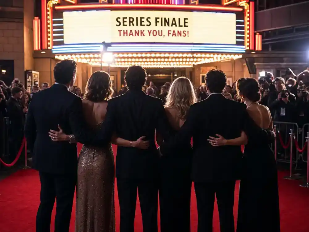 How I Met Your Mother cast net worth 2026 ranked premiere — TV sitcom ensemble cast silhouettes from behind on red carpet at series finale night with theater marquee glow