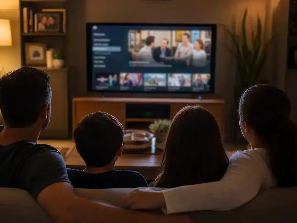 How I Met Your Mother cast net worth 2026 ranked streaming — family silhouettes watching classic sitcom reruns on living room TV with generic blurred streaming interface