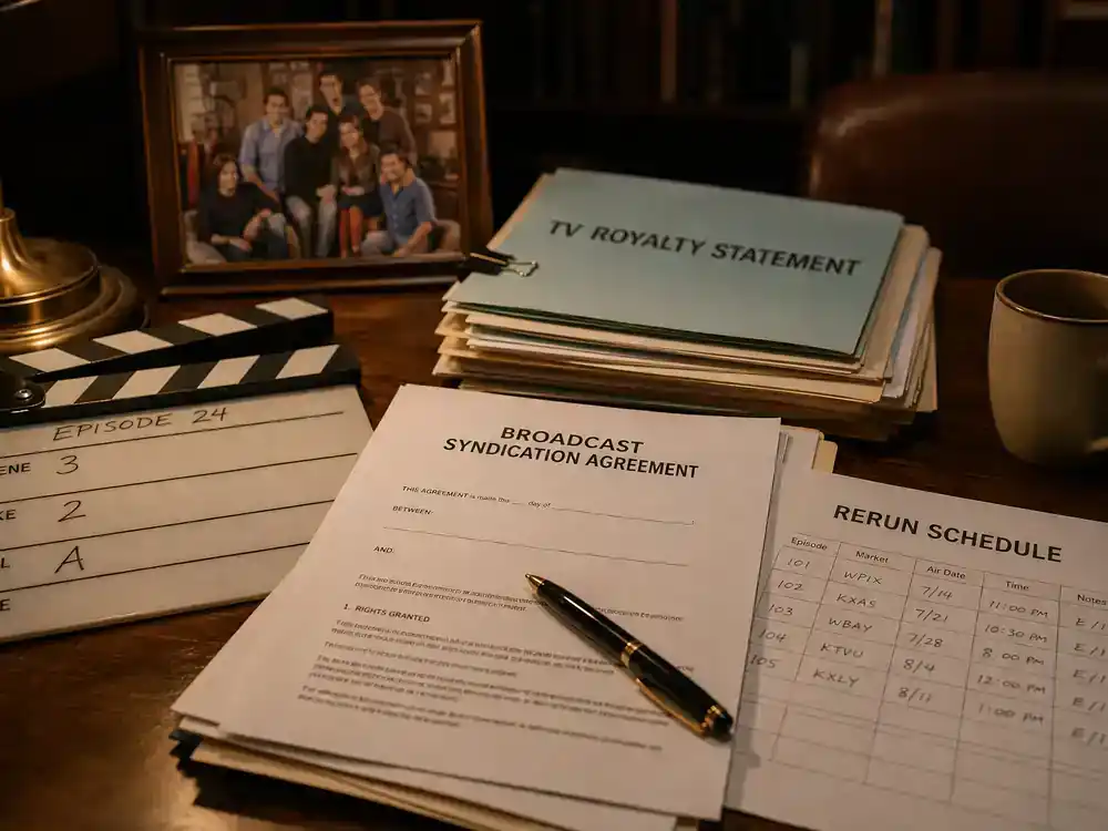 How I Met Your Mother cast net worth 2026 ranked syndication — broadcast royalty contracts reruns schedule and sitcom clapperboard on producer desk with warm office lighting