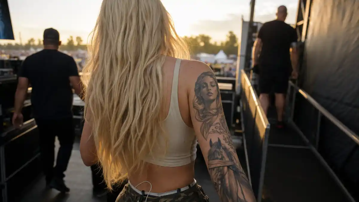Iggy Azalea tattoos and their meanings — blonde rapper from behind at festival showing right arm half-sleeve Venus portrait and blindfolded horse ink