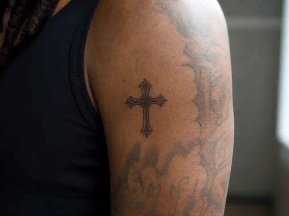 J Cole tattoos and their meanings — close-up of small black cross tattoo on left upper bicep with realistic skin texture and fine ink lines
