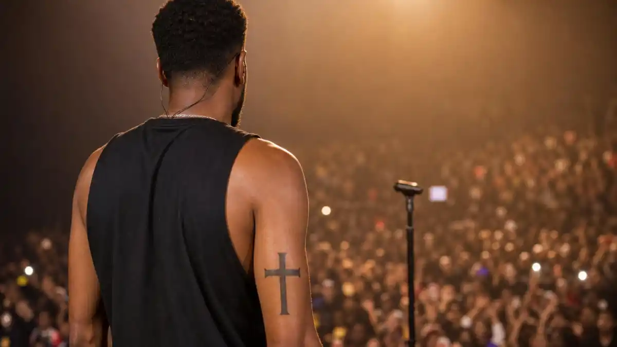 J Cole tattoos and their meanings — hip-hop artist from behind on concert stage with cross tattoo visible on left bicep in sleeveless tank