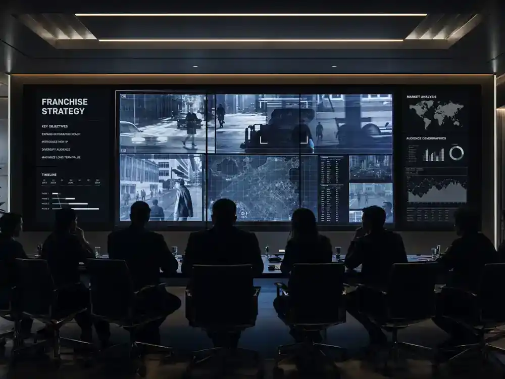 James Bond next movie cast rumors explained Amazon MGM franchise — studio executives as silhouettes in modern boardroom discussing spy franchise strategy, no identifiable faces