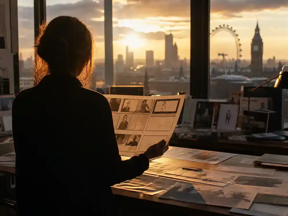 James Bond next movie cast rumors explained Barbara Broccoli producer era — producer silhouette reviewing storyboards in London film office, face turned away from camera