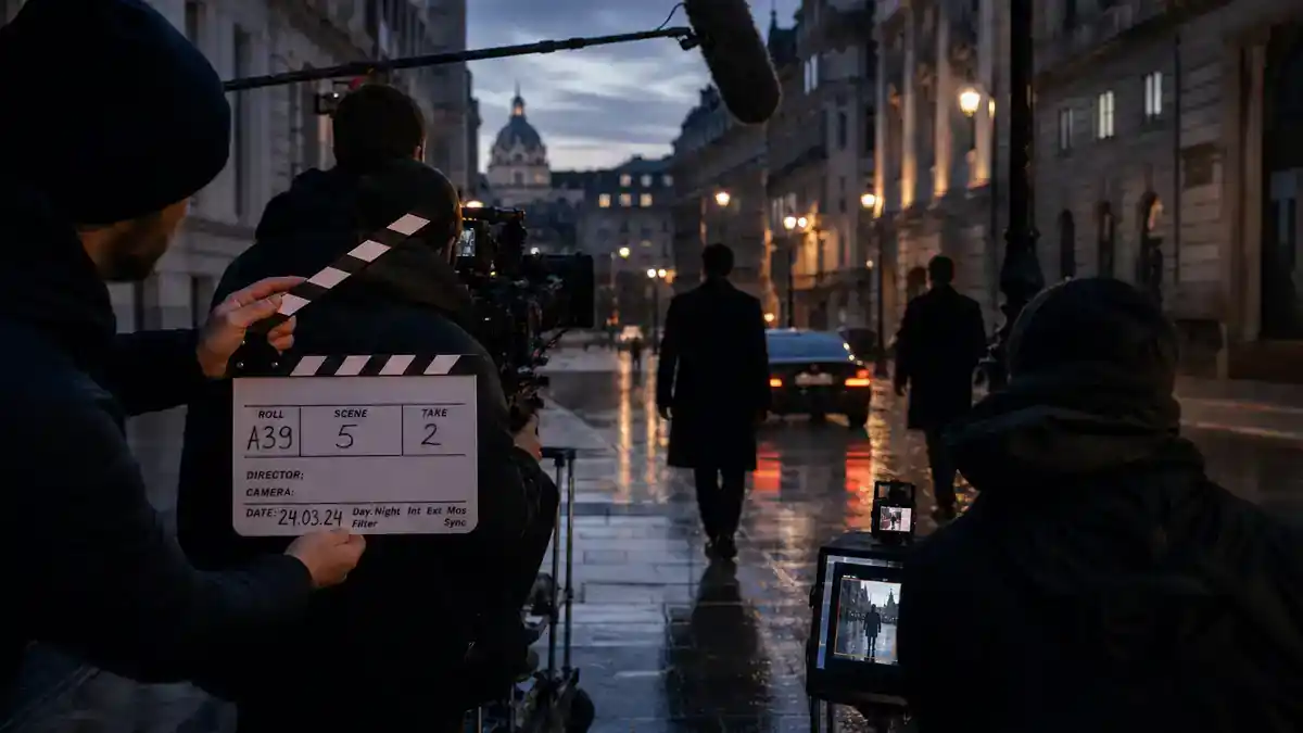 James Bond next movie cast rumors explained — spy thriller film crew on rain-slick European street at dusk with clapperboard and suit-clad actor silhouettes from behind, editorial production reference