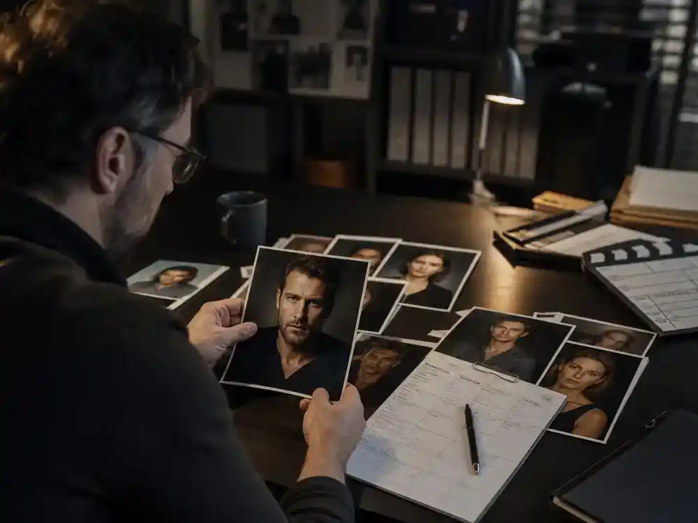 James Bond next movie cast rumors explained Nina Gold casting — casting director reviewing headshot photos and audition paperwork on production office table