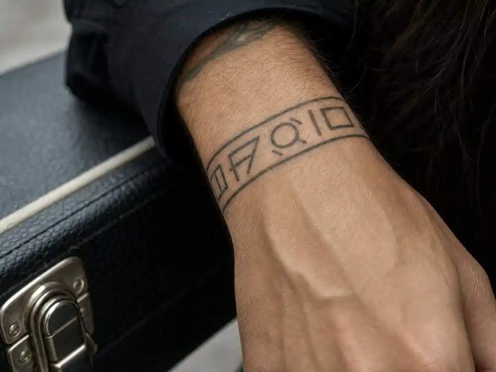Jared Leto tattoos and their meanings — intertwined glyph wrist tattoo representing 30 Seconds to Mars iconography