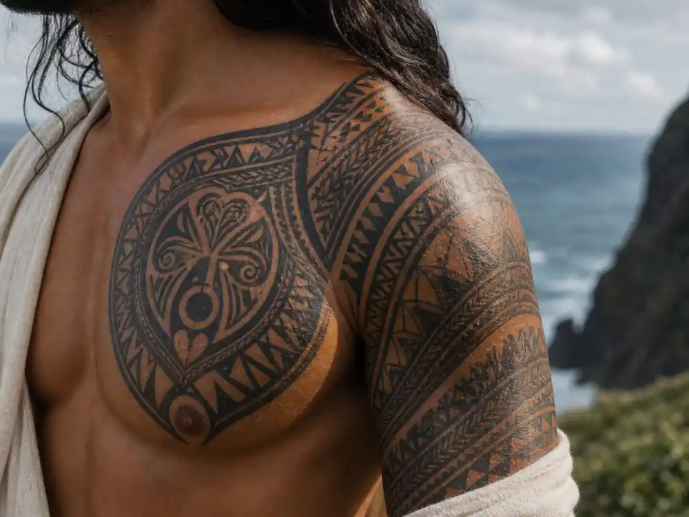 Jason Momoa tattoos and their meanings chest — Polynesian family crest tribal tattoo on chest and shoulder side-back angle ocean cliff