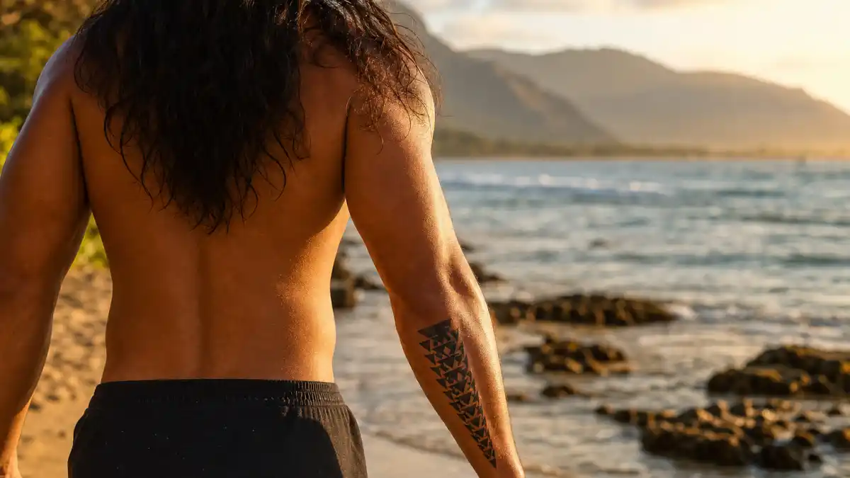 Jason Momoa tattoos and their meanings — muscular man with long dark wavy hair from behind on Hawaiian beach showing signature shark teeth triangle forearm tattoo