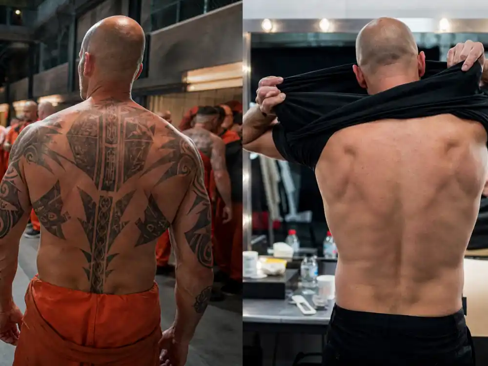 Jason Statham tattoos and their meanings — contrast between heavily tattooed film character and clean off-screen skin in dressing room