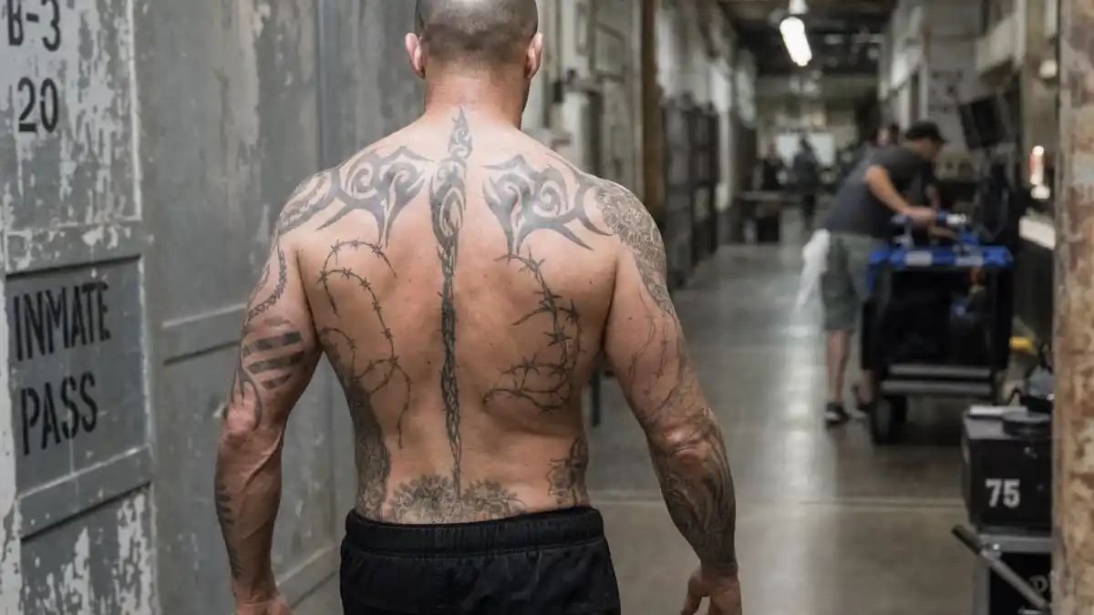 Jason Statham tattoos and their meanings — bald action star from behind on prison film set with tribal character tattoos on back and arms