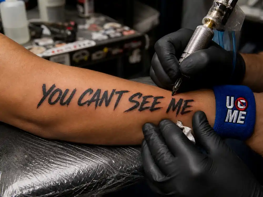 John Cena tattoos and their meanings — fan forearm YOU CANT SEE ME tribute tattoo session inspired by WWE catchphrase