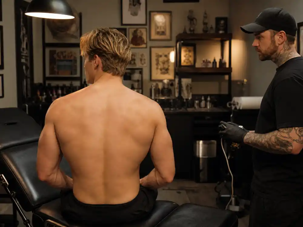 John Cena tattoos and their meanings — muscular athlete from behind in tattoo parlor with clean bare back showing conscious ink-free choice