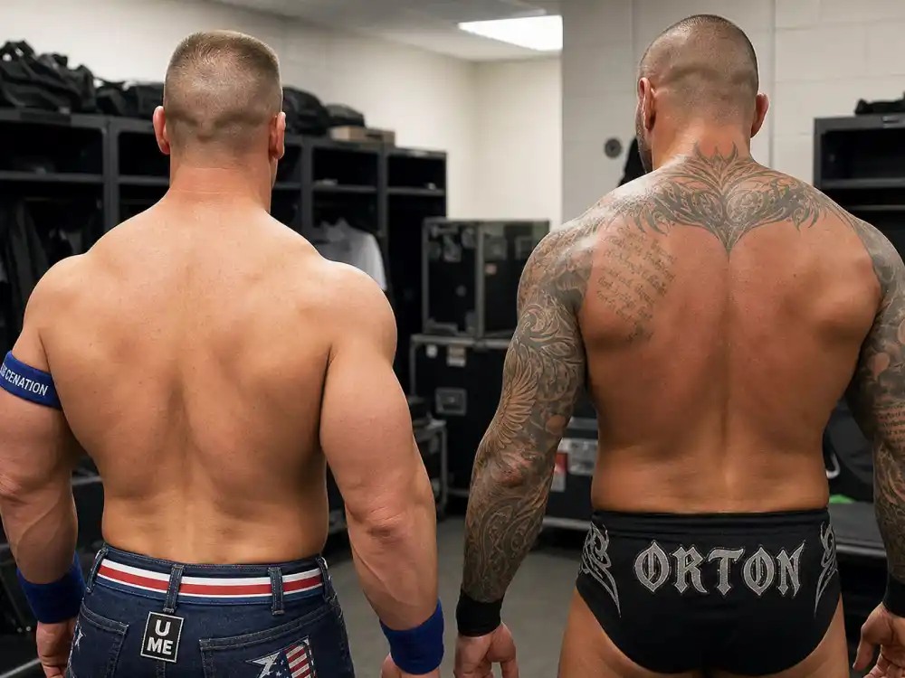 John Cena tattoos and their meanings — WWE locker room contrast between clean-skinned star arm and heavily tattooed peer sleeve