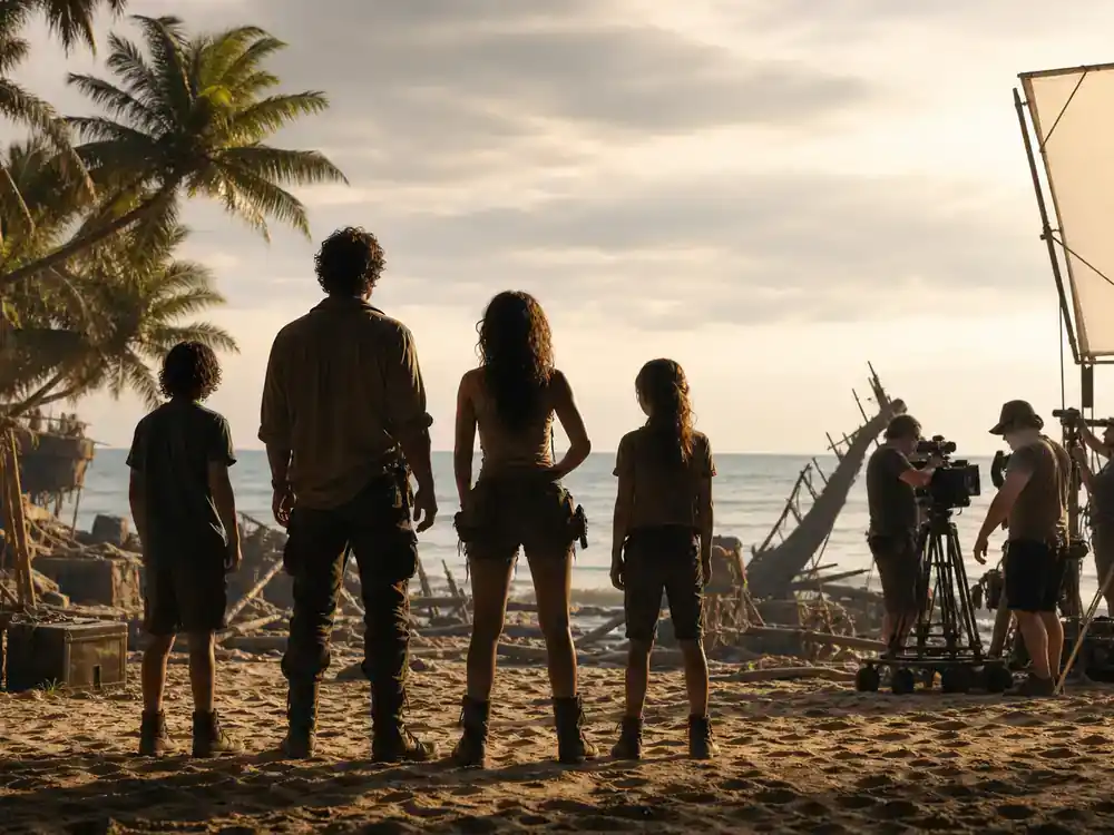 Jurassic World Rebirth cast and characters guide Delgado family — cast silhouettes rehearsing on tropical beach film set with shipwreck prop debris