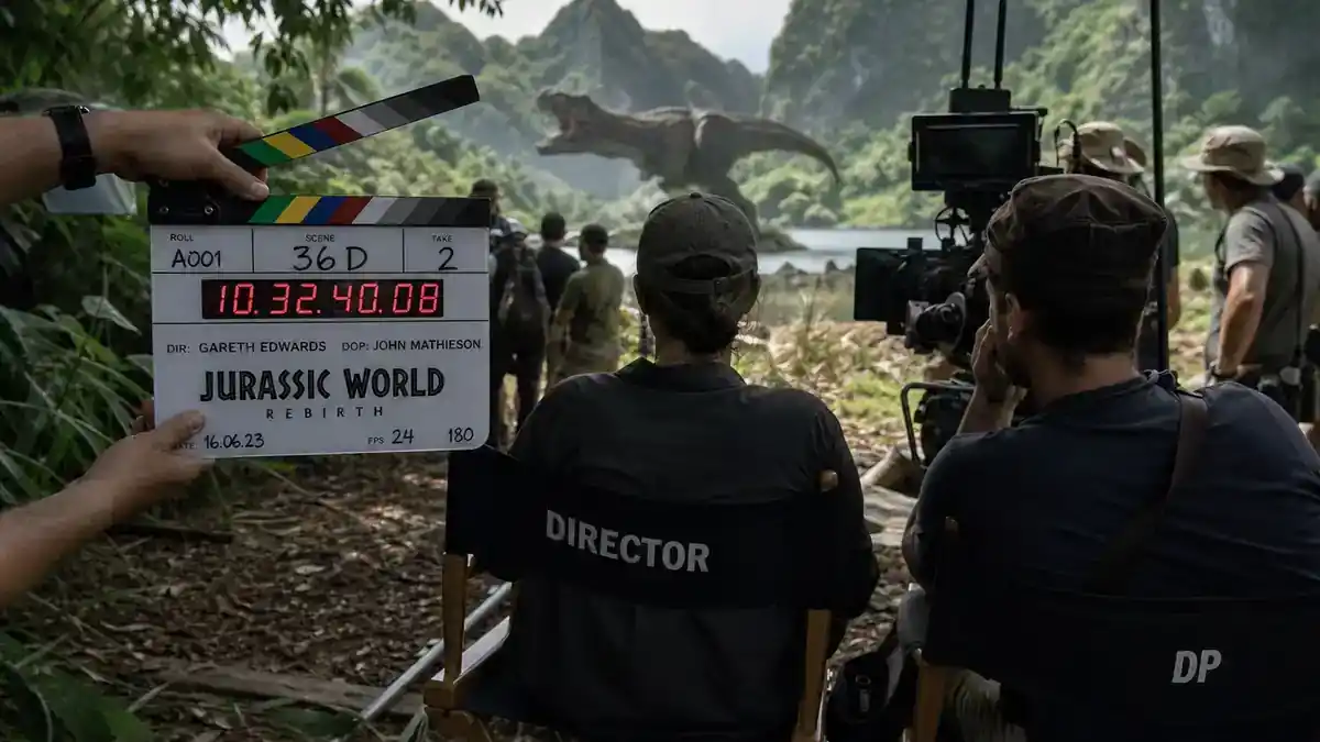 Jurassic World Rebirth cast and characters guide — tropical island blockbuster film set with clapperboard, director chairs, and crew preparing expedition scene