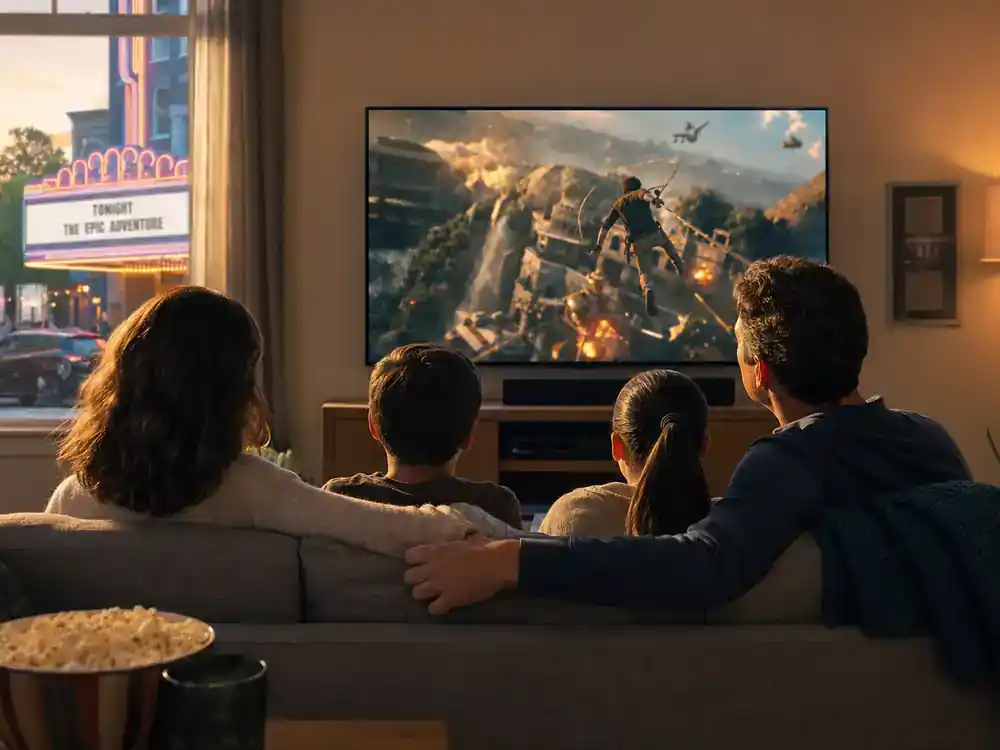 Jurassic World Rebirth cast and characters guide release — family watching blockbuster adventure on living room TV from behind with theater marquee outside