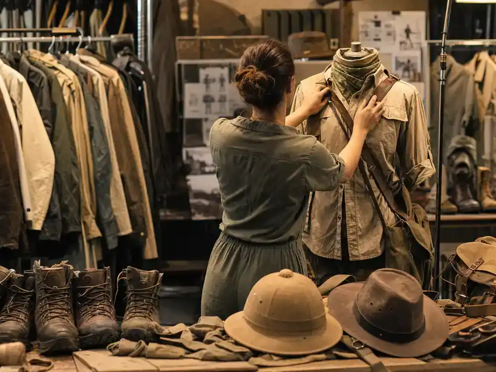 Jurassic World Rebirth cast and characters guide Zora Bennett — tactical expedition wardrobe rack and field gear prep on action film set, no faces visible