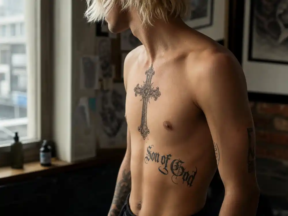 Justin Bieber tattoo collection guide chest cross — ornate gothic cross and Son of God script tattoo on slim male torso with bleached blonde hair