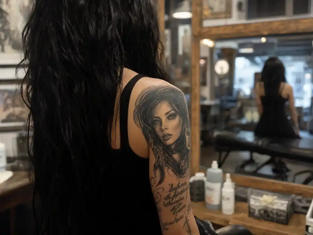 Kat Von D tattoos and their meanings — black-and-grey mother portrait tattoo on left shoulder in studio mirror reflection