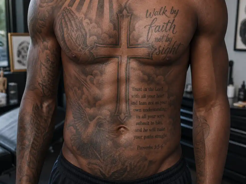 Kevin Durant tattoos and their meanings — Walk by faith cross and Proverbs scripture stomach tattoos