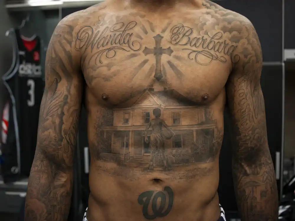 Kevin Durant tattoos and their meanings — Wanda and Barbara name chest tattoos and childhood house stomach ink