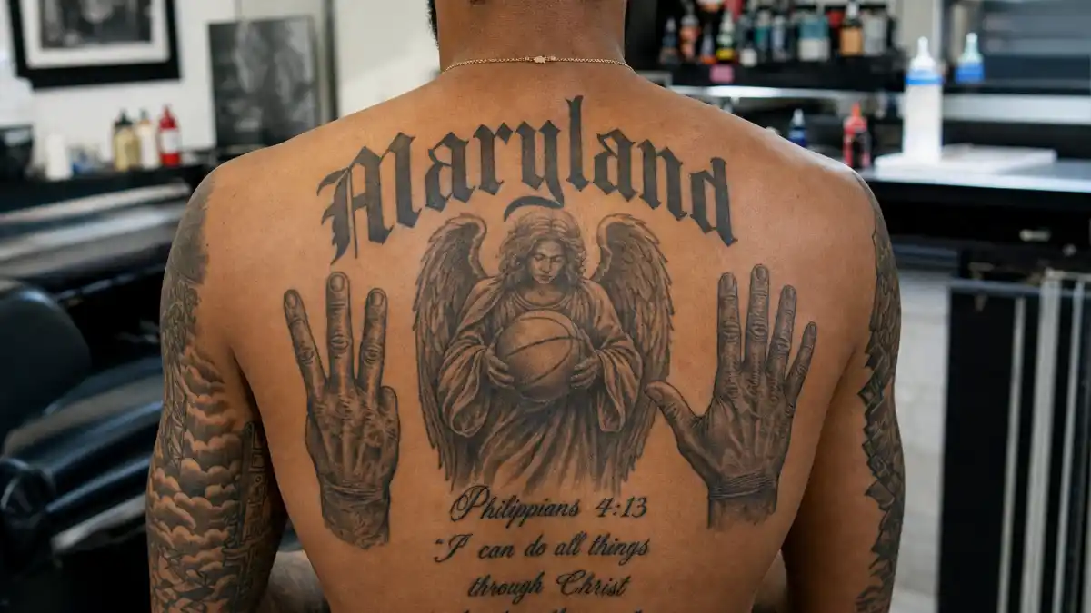 Kevin Durant tattoos and their meanings — NBA star seen from behind in tattoo studio with extensive Maryland back ink and Bible verse visible