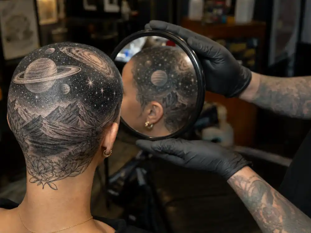 Kid Cudi tattoos and their meanings — close-up of intergalactic scalp tattoo with stars Saturn and mountain peaks by fine-line artist