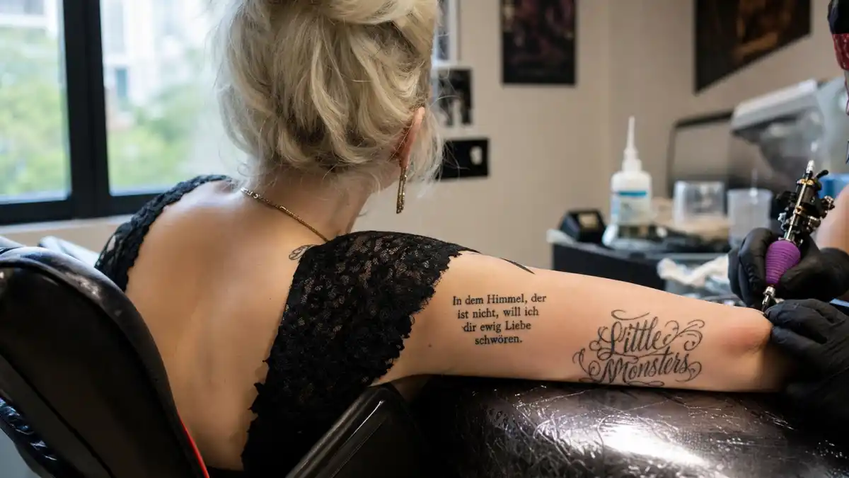 Lady Gaga tattoos and their meanings — pop star from behind in tattoo studio with Little Monsters arm script and German Rilke quote visible