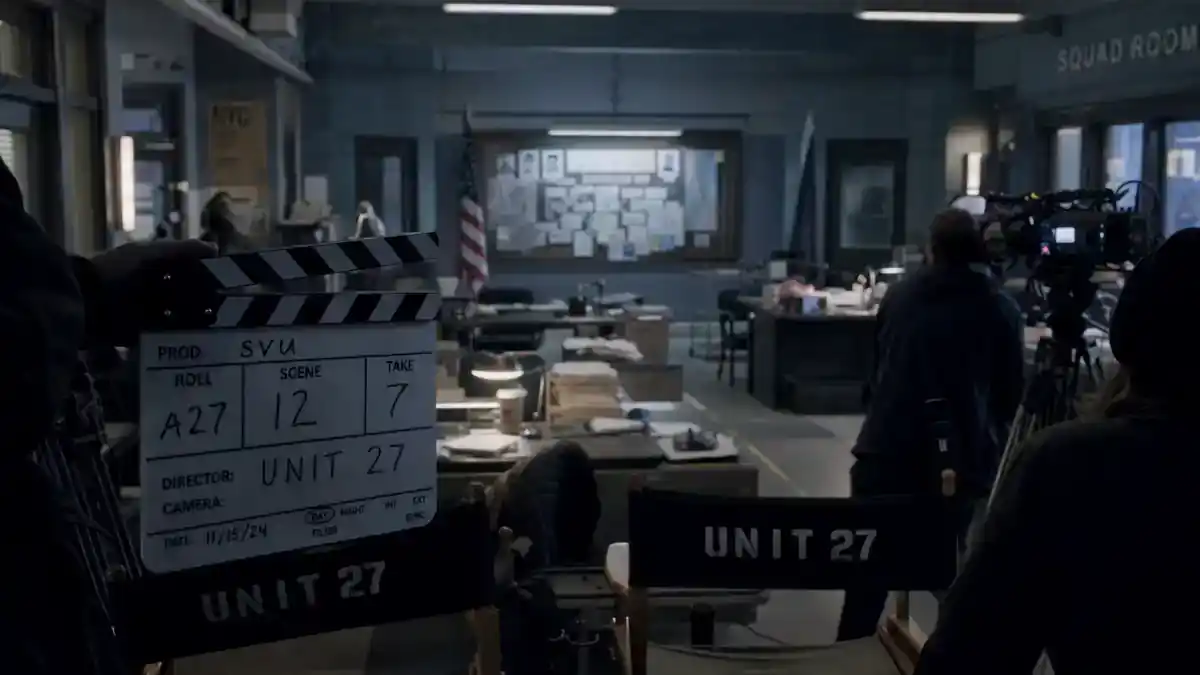 Law and Order SVU season 27 cast guide — NYPD squad room TV drama film set at night with clapperboard director chairs and crew silhouettes editorial production reference