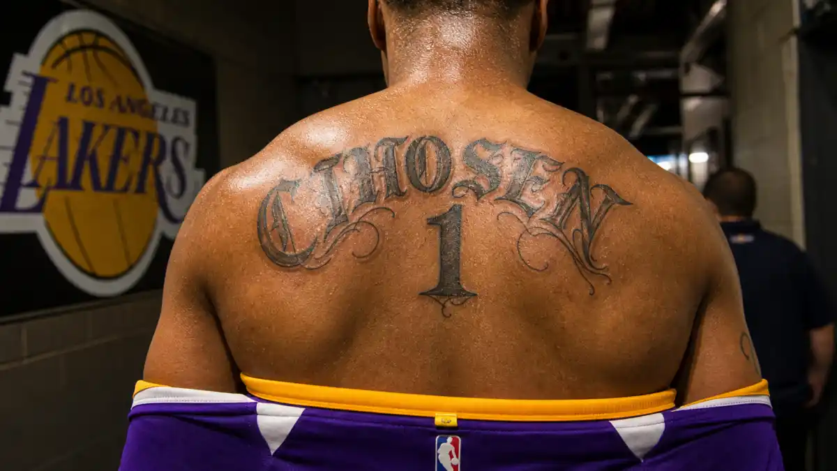 LeBron James tattoos and their meanings — Lakers star seen from behind in arena tunnel with CHOSEN 1 back tattoo and arm ink visible