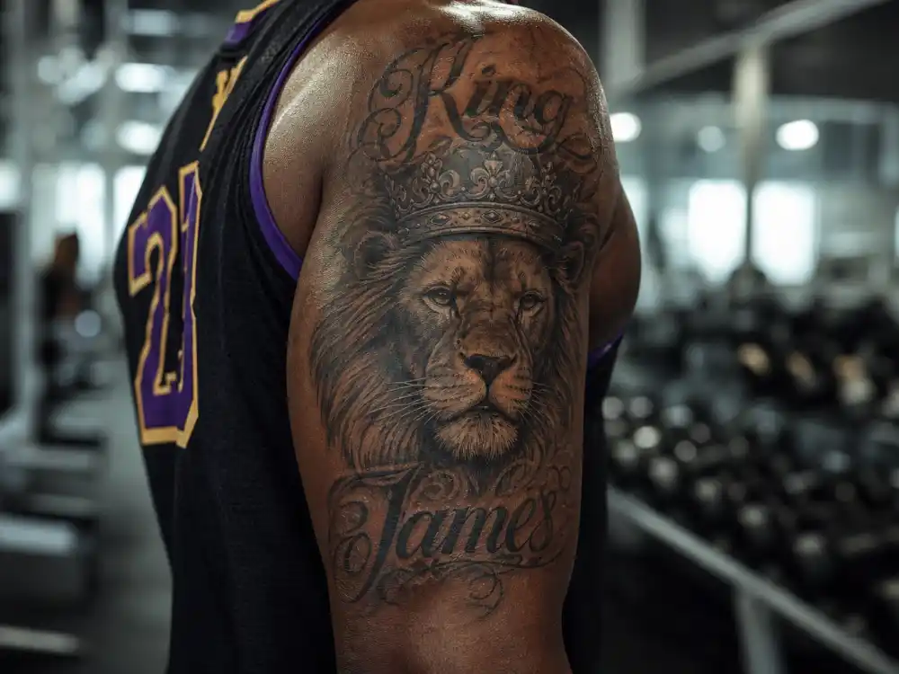 LeBron James tattoos and their meanings — crowned lion tattoo with King and James lettering on right bicep