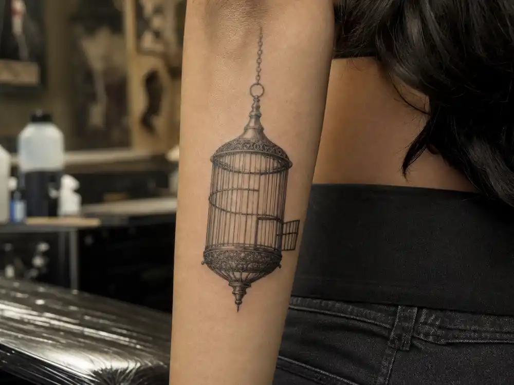 Lena Headey tattoos and their meanings birdcage — upside-down vintage open-door birdcage tattoo on right forearm sovereignty freedom