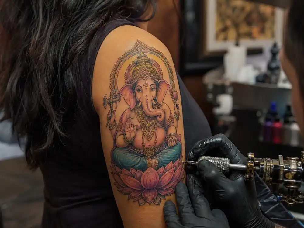 Lena Headey tattoos and their meanings Ganesha — Hindu elephant god tattoo on upper right arm Chris Lambert Snake and Tiger Leeds