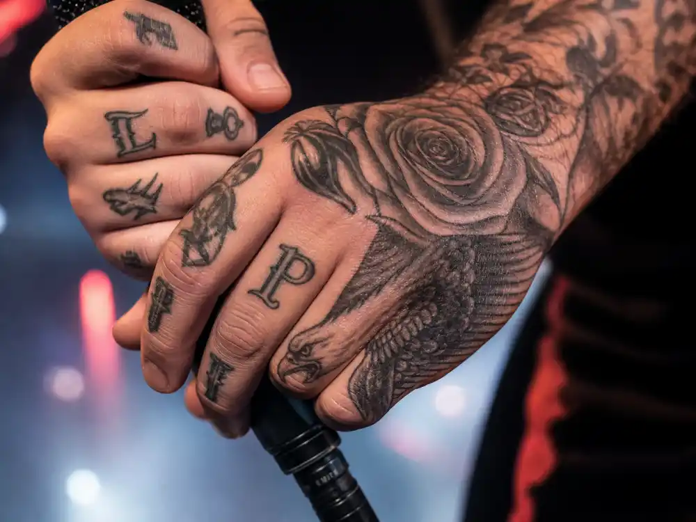 Liam Payne tattoos and their meanings hand tattoos — LP initials rose and eagle finger ink close-up holding microphone
