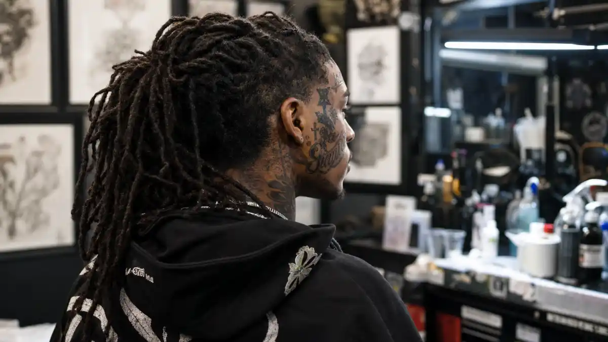 Lil Uzi Vert tattoos and their meanings — rapper seen from behind in tattoo studio with extensive face and neck ink visible over-shoulder