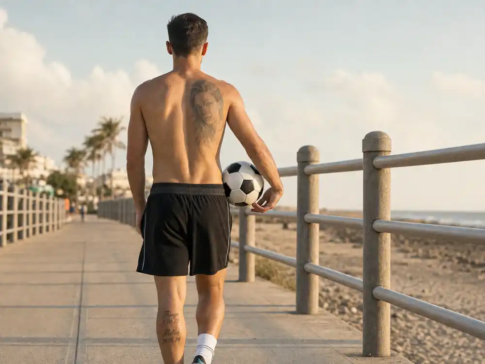 Lionel Messi tattoos and their meanings family tribute — back view showing shoulder portrait tattoo and names and birthdates script above ankle