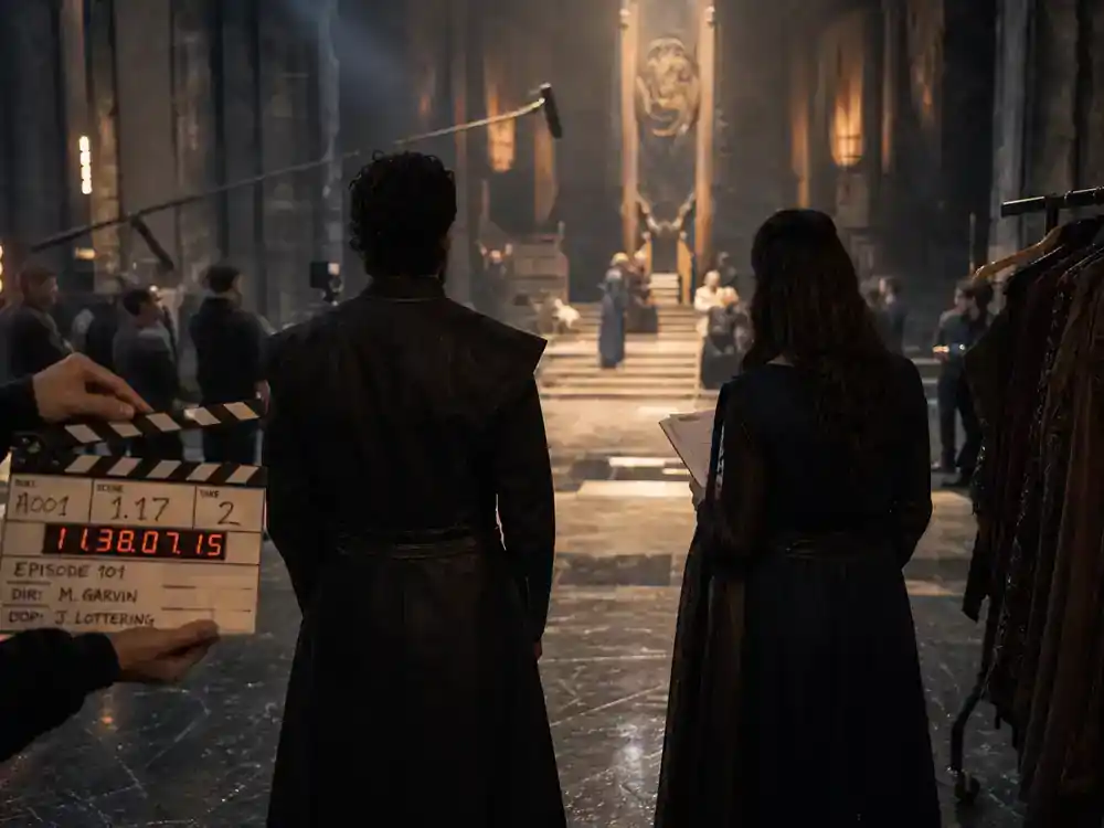 Lord of the Rings Rings of Power cast guide Galadriel cast — TV drama ensemble silhouettes from behind rehearsing on fantasy throne room soundstage with wardrobe racks
