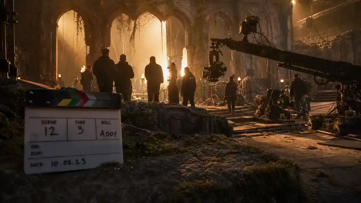 Lord of the Rings Rings of Power cast guide — epic fantasy TV drama soundstage at golden hour with camera crane clapperboard and crew silhouettes on stone arch set