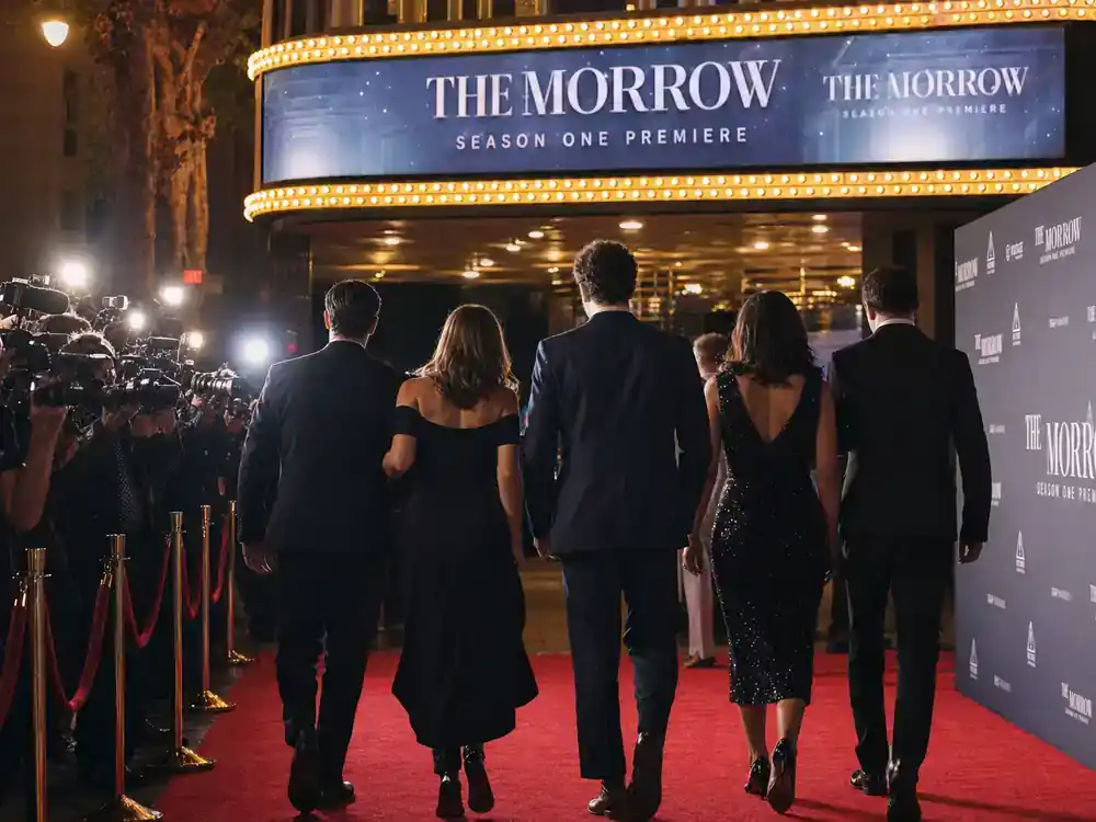 Lord of the Rings Rings of Power cast guide Prime Video premiere — cast silhouettes from behind walking red carpet toward theater entrance with photographers at evening launch