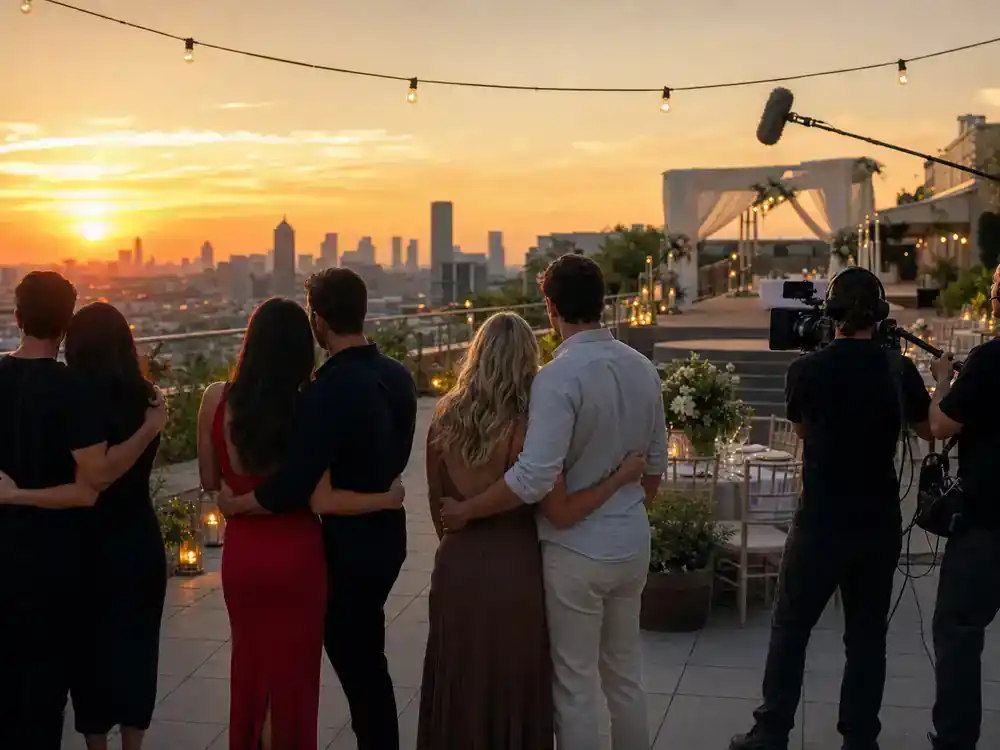 Love Is Blind season 8 cast guide couples — engaged cast silhouettes from behind on rooftop terrace at golden hour with reality TV film crew nearby
