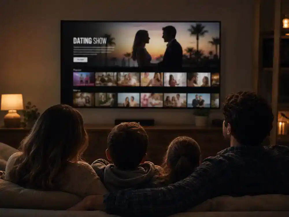 Love Is Blind season 8 cast guide streaming — family silhouettes watching reality dating TV on living room flat screen with generic blurred streaming interface