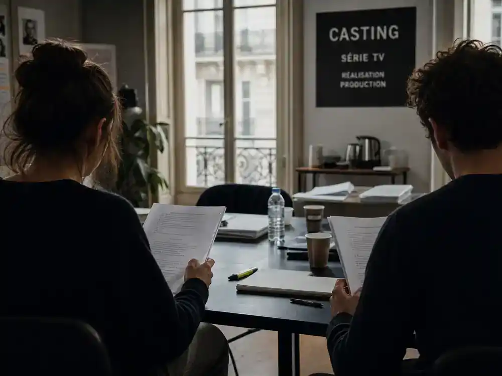 Lupin Netflix cast and episode guide Claire — two actor silhouettes from behind rehearsing dialogue at casting table read in Paris production office