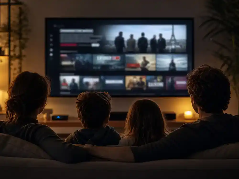 Lupin Netflix cast and episode guide streaming — family silhouettes watching French heist thriller on living room screen with generic blurred streaming interface