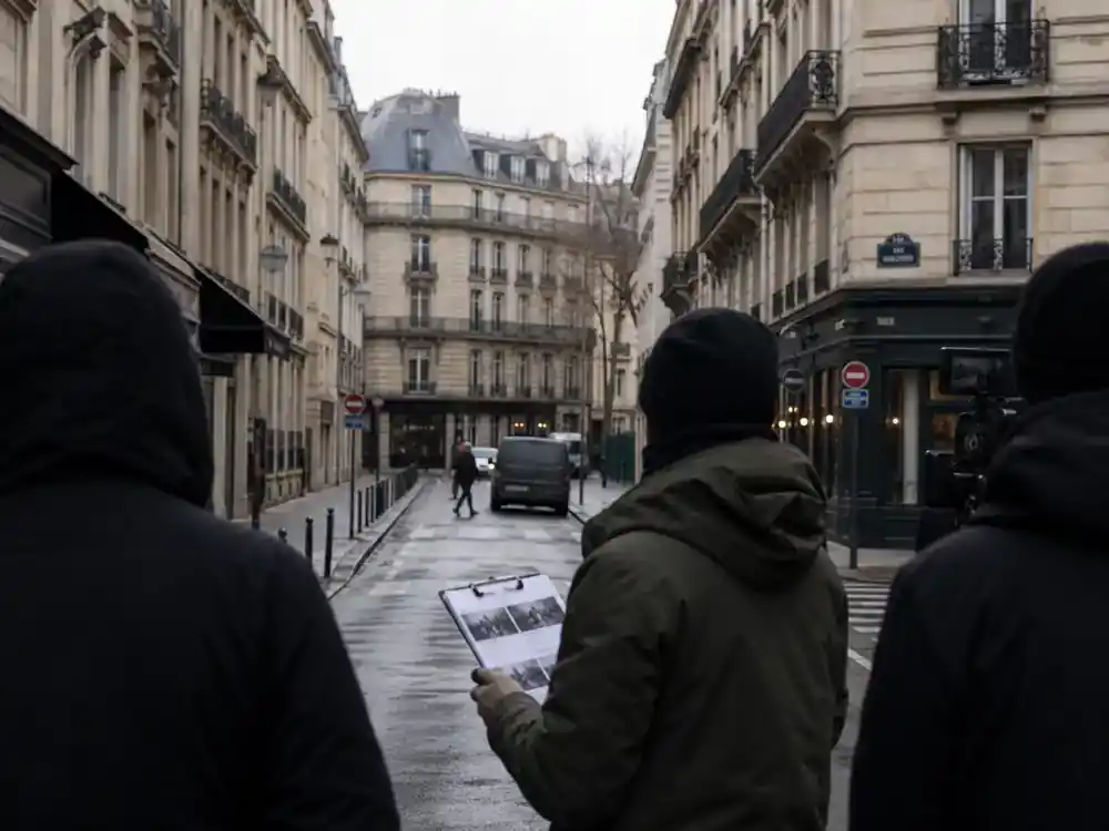 Lupin Netflix cast and episode guide Paris filming — director with clipboard and camera crew silhouettes location scouting Haussmann street for French TV production