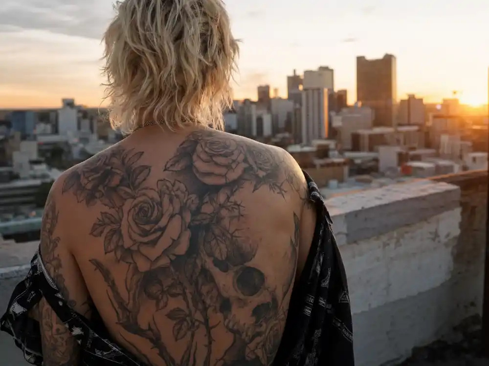 Machine Gun Kelly tattoo collection guide back tattoo — bleached blonde musician from behind on rooftop showing large roses and skull back mural ink
