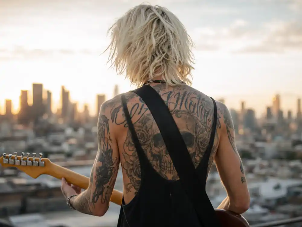 Machine Gun Kelly tattoos and their meanings back tattoo — full back piece with roses and skull ink on bleached blonde musician rooftop